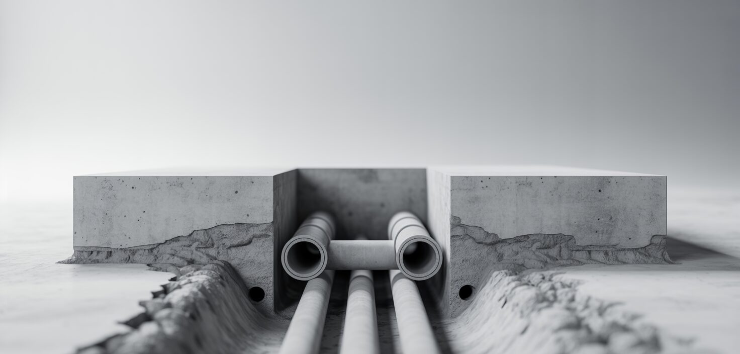 En fotorealistisk bild av en betongkällarvägg med en ren, minimalistisk design och synliga dräneringsrör.
